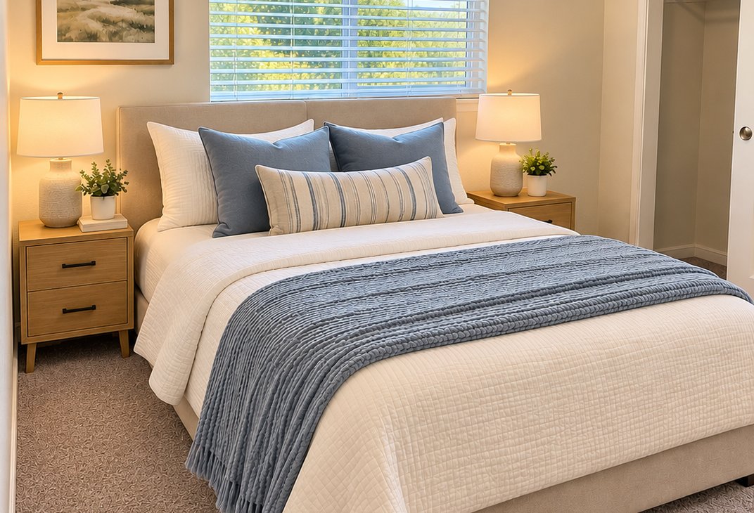 Bedroom with upholstered headboard, blue and cream bedding, and nightstand lamps
