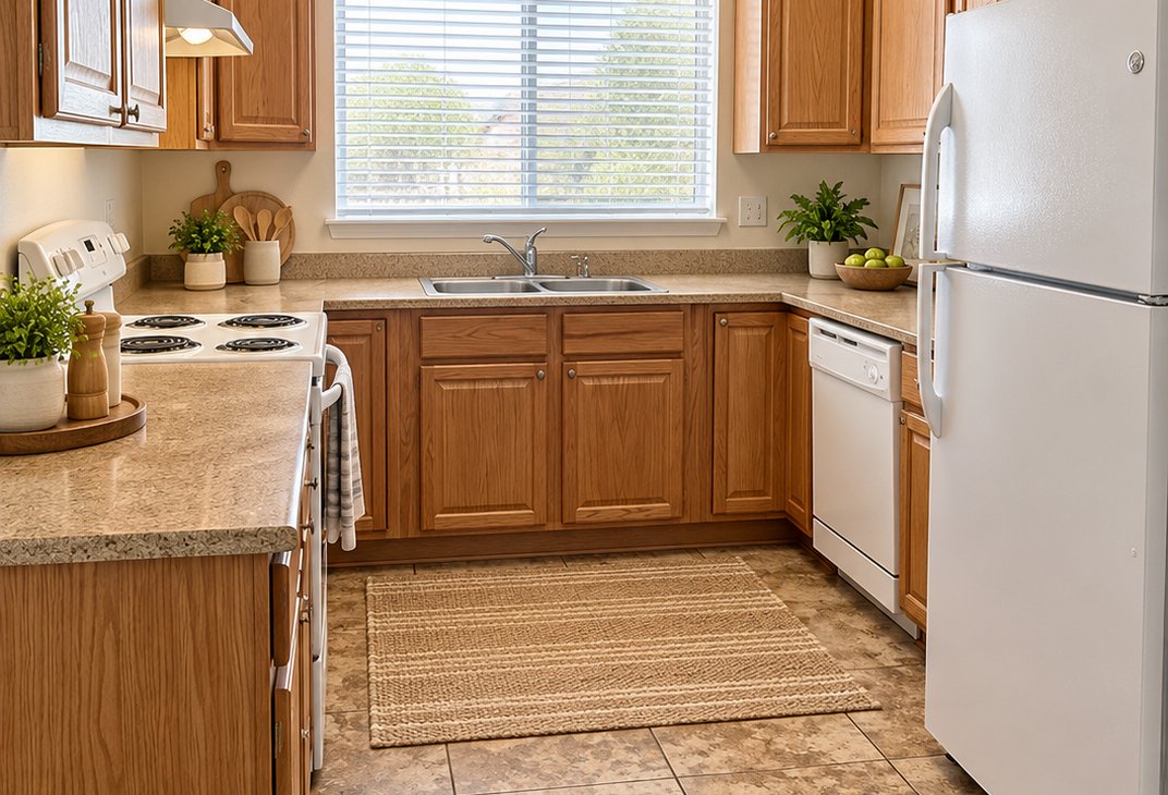 Kitchen with wood cabinetry, tile floor, and full-size appliances