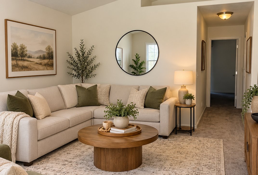 Living room with sectional sofa, round coffee table, and view toward the hallway