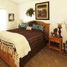 Furnished bedroom with wood bed frame, nightstand, and window